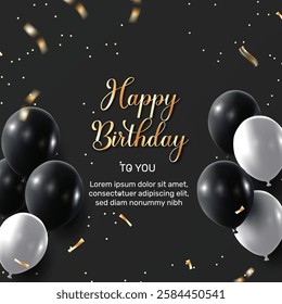 happy birthday background, realistic vector illustration with flying balloons and confetti