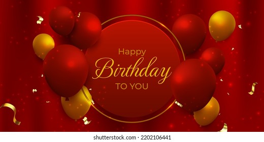 Happy Birthday background with red and golden 3d realistic floating balloons