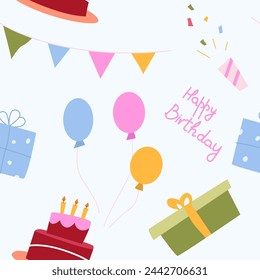 Feliz cumpleaños. Patrón sin fisuras con la torta, globos, banderita, caja de regalo, regalo festivo. Ilustración vectorial plana.