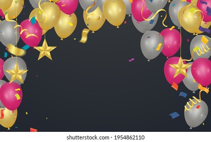 Happy Birthday background with set of colorful balloons, multicolored pennants and confetti on white backdrop