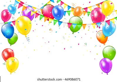 Happy Birthday background with set of colorful balloons, multicolored pennants and confetti on white backdrop, illustration.