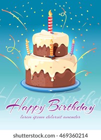 Happy birthday background with tasty cake and candles vector illustration. Card for invitation and congratulation