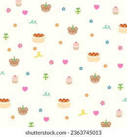 Happy birthday background with teddy bear, cake, cupcake, candle, present, heart and flower for gift wrap, packaging, birthday party element, wallpaper, backdrop, social media post, print, ad template