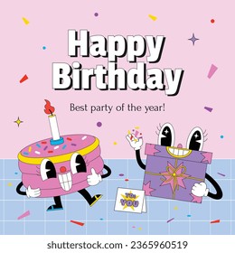 Happy birthday background. Happy birthday text. kids birthday party. Vector Illustration design. cake, balloons, party decoration elements. confetti and gift box. birthday celebration. greeting card.