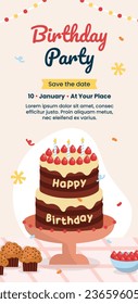 Happy birthday background. Happy birthday text. kids birthday party. Vector Illustration design. cake, balloons, party decoration elements. confetti and gift box. birthday celebration. greeting card.