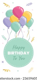 Happy birthday background. Happy birthday text. kids birthday party. Vector Illustration design. cake, balloons, party decoration elements. confetti and gift box. birthday celebration. greeting card.