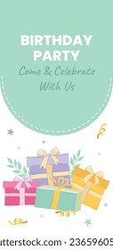 Happy birthday background. Happy birthday text. kids birthday party. Vector Illustration design. cake, balloons, party decoration elements. confetti and gift box. birthday celebration. greeting card.