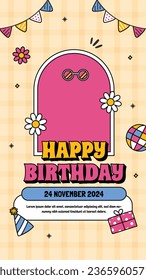 Happy birthday background. Happy birthday text. kids birthday party. Vector Illustration design. cake, balloons, party decoration elements. confetti and gift box. birthday celebration. greeting card.