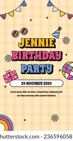Happy birthday background. Happy birthday text. kids birthday party. Vector Illustration design. cake, balloons, party decoration elements. confetti and gift box. birthday celebration. greeting card.