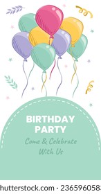 Happy birthday background. Happy birthday text. kids birthday party. Vector Illustration design. cake, balloons, party decoration elements. confetti and gift box. birthday celebration. greeting card.