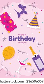 Feliz cumpleaños. Feliz texto de cumpleaños. fiesta de cumpleaños de niños. Diseño de ilustración vectorial. pasteles, globos, elementos decorativos de fiesta. confeti y caja de regalo. celebración de cumpleaños. tarjeta de felicitación.