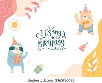 Happy birthday background. Happy birthday text. kids birthday party. Vector Illustration design. cake, balloons, party decoration elements. confetti and gift box. birthday celebration. greeting card.