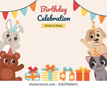 Happy birthday background. Happy birthday text. kids birthday party. Vector Illustration design. cake, balloons, party decoration elements. confetti and gift box. birthday celebration. greeting card.