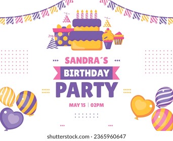 Happy birthday background. Happy birthday text. kids birthday party. Vector Illustration design. cake, balloons, party decoration elements. confetti and gift box. birthday celebration. greeting card.