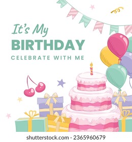 Happy birthday background. Happy birthday text. kids birthday party. Vector Illustration design. cake, balloons, party decoration elements. confetti and gift box. birthday celebration. greeting card.