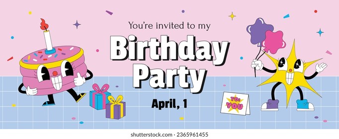 Happy birthday background. Happy birthday text. kids birthday party. Vector Illustration design. cake, balloons, party decoration elements. confetti and gift box. birthday celebration. greeting card.