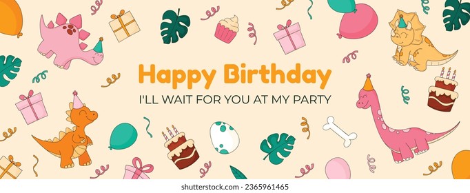 Happy birthday background. Happy birthday text. kids birthday party. Vector Illustration design. cake, balloons, party decoration elements. confetti and gift box. birthday celebration. greeting card.