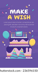 Happy birthday background. Happy birthday text. kids birthday party. Vector Illustration design. cake, balloons, party decoration elements. confetti and gift box. birthday celebration. greeting card.