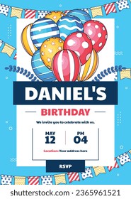 Happy birthday background. Happy birthday text. kids birthday party. Vector Illustration design. cake, balloons, party decoration elements. confetti and gift box. birthday celebration. greeting card.