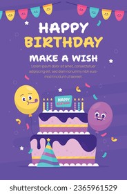 Happy birthday background. Happy birthday text. kids birthday party. Vector Illustration design. cake, balloons, party decoration elements. confetti and gift box. birthday celebration. greeting card.