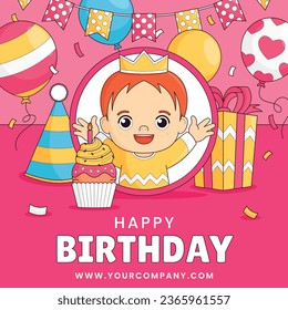 Happy birthday background. Happy birthday text. kids birthday party. Vector Illustration design. cake, balloons, party decoration elements. confetti and gift box. birthday celebration. greeting card.