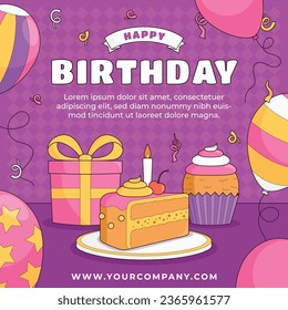 Happy birthday background. Happy birthday text. kids birthday party. Vector Illustration design. cake, balloons, party decoration elements. confetti and gift box. birthday celebration. greeting card.