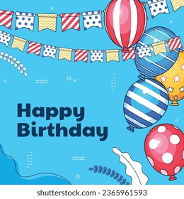 Happy birthday background. Happy birthday text. kids birthday party. Vector Illustration design. cake, balloons, party decoration elements. confetti and gift box. birthday celebration. greeting card.