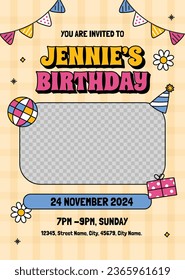 Happy birthday background. Happy birthday text. kids birthday party. Vector Illustration design. cake, balloons, party decoration elements. confetti and gift box. birthday celebration. greeting card.