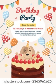 Happy birthday background. Happy birthday text. kids birthday party. Vector Illustration design. cake, balloons, party decoration elements. confetti and gift box. birthday celebration. greeting card.