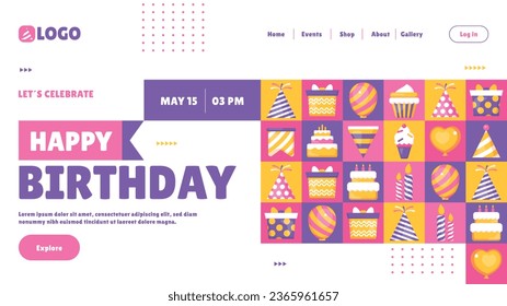 Happy birthday background. Happy birthday text. kids birthday party. Vector Illustration design. cake, balloons, party decoration elements. confetti and gift box. birthday celebration. greeting card.