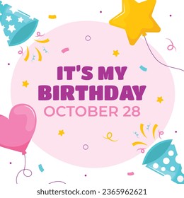 Happy birthday background. Happy birthday text. kids birthday party. Vector Illustration design. cake, balloons, party decoration elements. confetti and gift box. birthday celebration. greeting card.