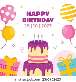 Happy birthday background. Happy birthday text. kids birthday party. Vector Illustration design. cake, balloons, party decoration elements. confetti and gift box. birthday celebration. greeting card.