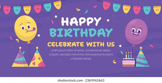 Happy birthday background. Happy birthday text. kids birthday party. Vector Illustration design. cake, balloons, party decoration elements. confetti and gift box. birthday celebration. greeting card.
