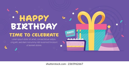 Happy birthday background. Happy birthday text. kids birthday party. Vector Illustration design. cake, balloons, party decoration elements. confetti and gift box. birthday celebration. greeting card.