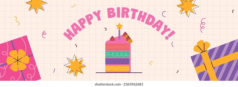 Happy birthday background. Happy birthday text. kids birthday party. Vector Illustration design. cake, balloons, party decoration elements. confetti and gift box. birthday celebration. greeting card.