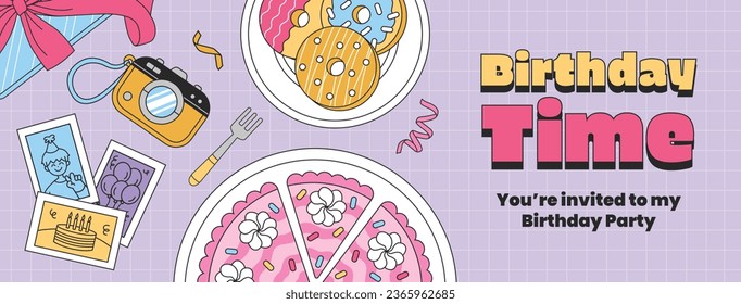Happy birthday background. Happy birthday text. kids birthday party. Vector Illustration design. cake, balloons, party decoration elements. confetti and gift box. birthday celebration. greeting card.