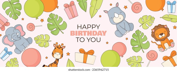 Happy birthday background. Happy birthday text. kids birthday party. Vector Illustration design. cake, balloons, party decoration elements. confetti and gift box. birthday celebration. greeting card.