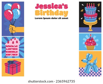 Happy birthday background. Happy birthday text. kids birthday party. Vector Illustration design. cake, balloons, party decoration elements. confetti and gift box. birthday celebration. greeting card.