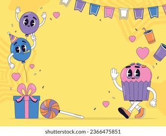 Happy birthday background. Happy birthday text. kids birthday party. Vector Illustration design. cake, balloons, party decoration elements. confetti and gift box. birthday celebration. greeting card.