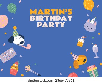 Happy birthday background. Happy birthday text. kids birthday party. Vector Illustration design. cake, balloons, party decoration elements. confetti and gift box. birthday celebration. greeting card.