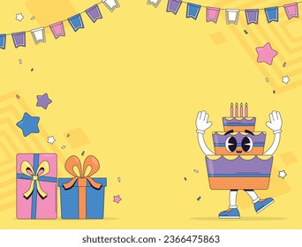 Happy birthday background. Happy birthday text. kids birthday party. Vector Illustration design. cake, balloons, party decoration elements. confetti and gift box. birthday celebration. greeting card.