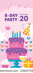 Happy birthday background. Happy birthday text. kids birthday party. Vector Illustration design. cake, balloons, party decoration elements. confetti and gift box. birthday celebration. greeting card.