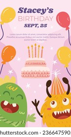 Happy birthday background. Happy birthday text. kids birthday party. Vector Illustration design. cake, balloons, party decoration elements. confetti and gift box. birthday celebration. greeting card.