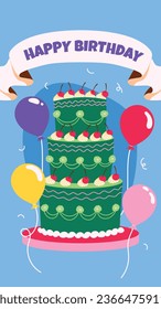 Happy birthday background. Happy birthday text. kids birthday party. Vector Illustration design. cake, balloons, party decoration elements. confetti and gift box. birthday celebration. greeting card.