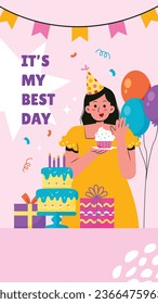 Happy birthday background. Happy birthday text. kids birthday party. Vector Illustration design. cake, balloons, party decoration elements. confetti and gift box. birthday celebration. greeting card.