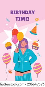 Happy birthday background. Happy birthday text. kids birthday party. Vector Illustration design. cake, balloons, party decoration elements. confetti and gift box. birthday celebration. greeting card.