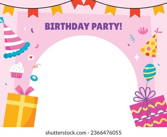 Happy birthday background. Happy birthday text. kids birthday party. Vector Illustration design. cake, balloons, party decoration elements. confetti and gift box. birthday celebration. greeting card.