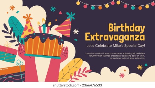 Happy birthday background. Happy birthday text. kids birthday party. Vector Illustration design. cake, balloons, party decoration elements. confetti and gift box. birthday celebration. greeting card.