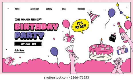 Happy birthday background. Happy birthday text. kids birthday party. Vector Illustration design. cake, balloons, party decoration elements. confetti and gift box. birthday celebration. greeting card.
