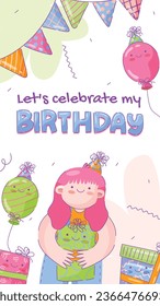 Happy birthday background. Happy birthday text. kids birthday party. Vector Illustration design. cake, balloons, party decoration elements. confetti and gift box. birthday celebration. greeting card.